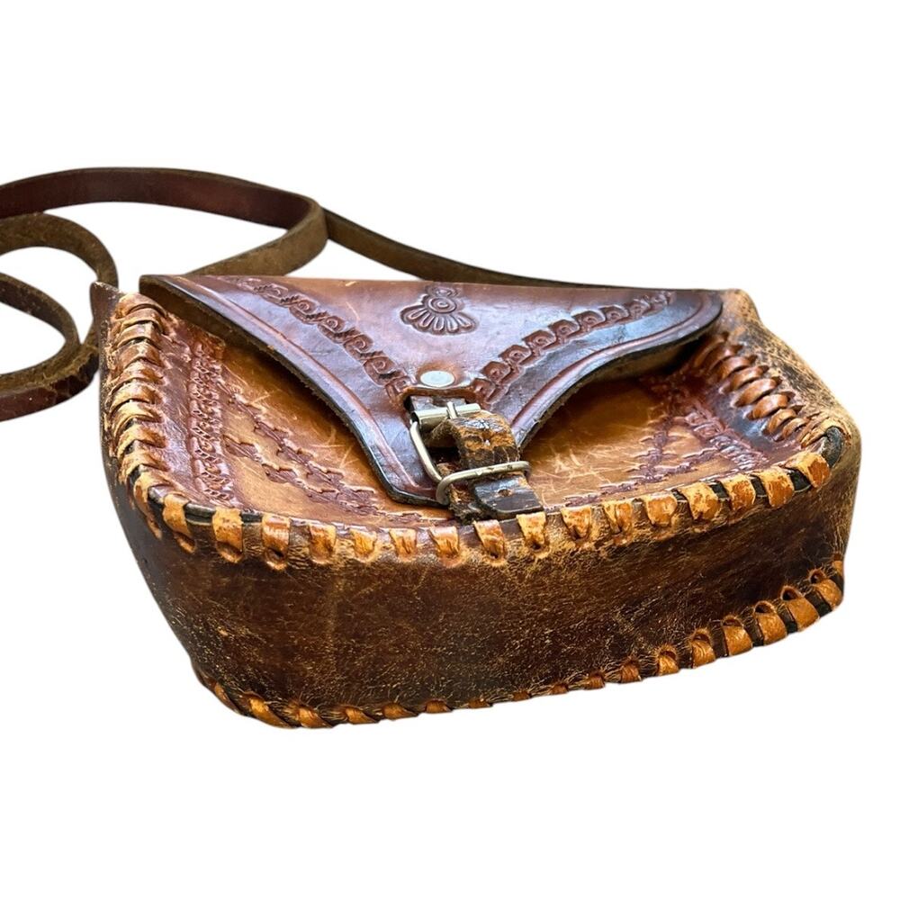 Vintage brown Tooled Leather Crossbody Bag boho retro western purse handcrafted - Picture 2 of 7